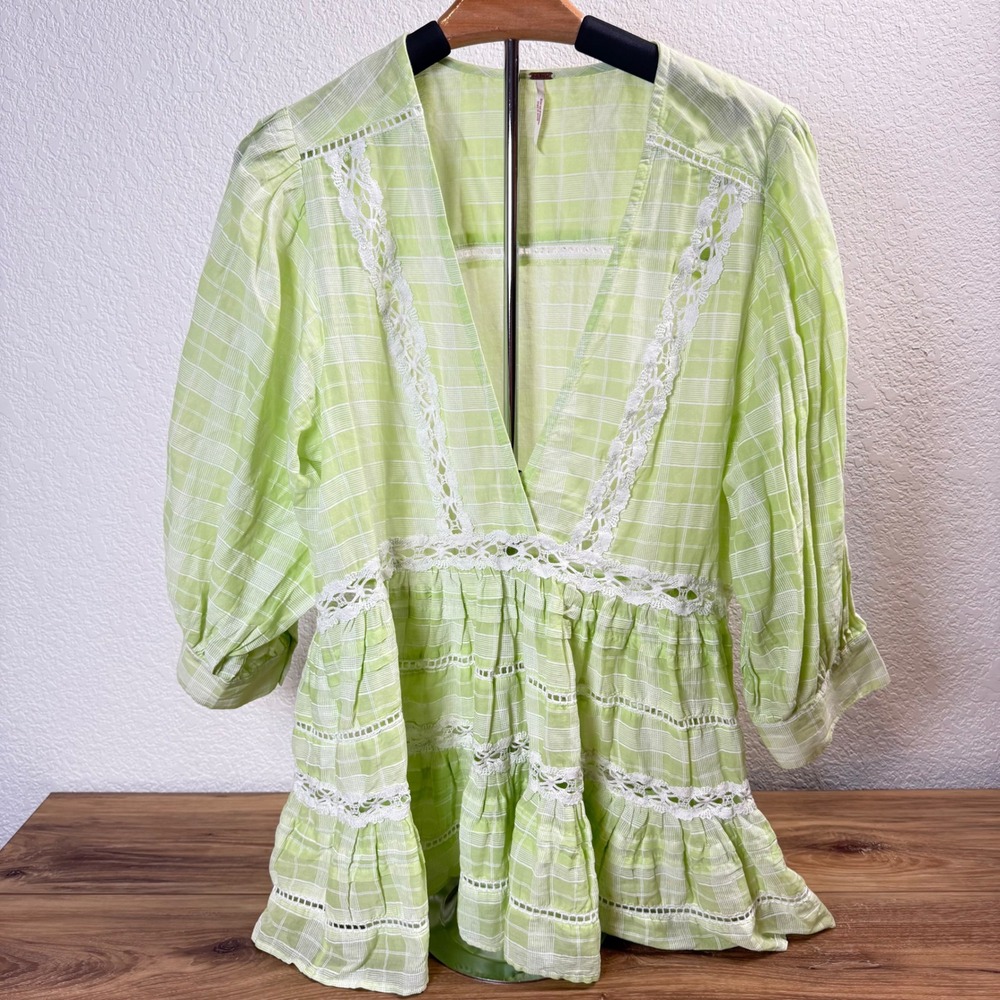 Free People Lime Green Plaid Lace Trim Blouse Puff Sleeve V Neck Oversized S